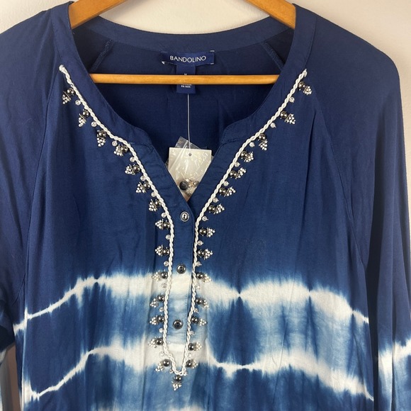 NWT Bandolino Blue White Tie Dye Beaded Tunic Medium - Picture 2 of 6
